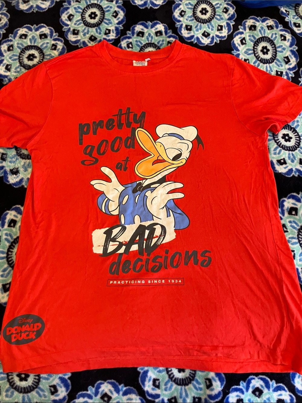 Disney Red Donald Duck Graphic Tee with Blue and Yellow Accents